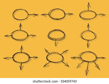 Black hand drawn circles with arrows. Set of graphic signs. Vector illustration.