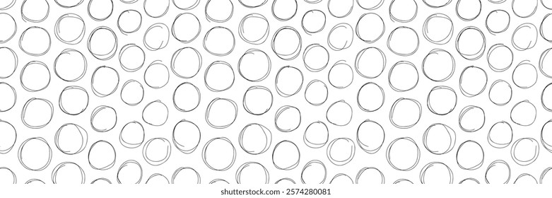 Black hand drawn circles create a seamless pattern on a white background. Perfect for textiles, gift wraps, or modern decor. Minimalist doodle line art. Vector illustration