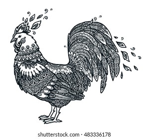 Black hand drawn cock on white background. Doodle vector Rooster - Chinese New Year rooster symbol.