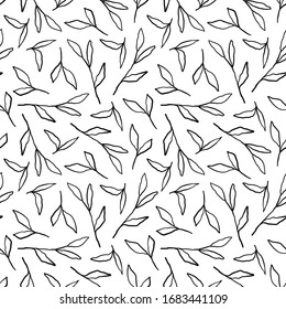 Black hand drawn contour leaves seamless pattern on white. Background for cosmetic, hygiene products, tea, wrapping, textile, scrapbook paper, wallpaper, cover, design. Vector illustration.