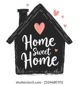 Silueta de casa acogedora dibujada a mano negra y corazones rosados con texto escrito a mano "Home Sweet Home". Linda casita en estilo dibujado a mano para la decoración, tarjeta de felicitación, postal. Ilustración vectorial