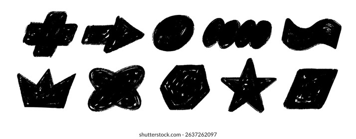 Black hand drawn crayon shape set. Charcoal geometric doodle collection. Black pastel pencil texture form pack for sticker, patch, badge. Childish sketch cross, crown, star, arrow elements. Vector
