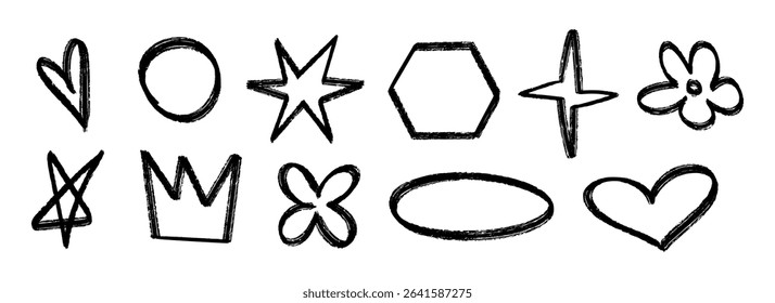 Black hand drawn crayon shape set. Charcoal geometric doodle collection. Black pastel pencil texture form pack for sticker, patch, badge. Sketch outline flower, crown, star, heart elements. Vector