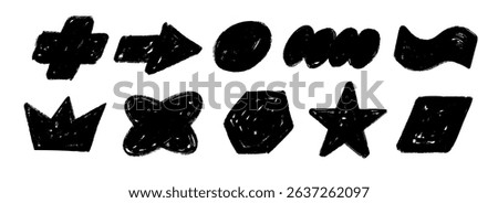 Black hand drawn crayon shape set. Charcoal geometric doodle collection. Black pastel pencil texture form pack for sticker, patch, badge. Childish sketch cross, crown, star, arrow elements. Vector
