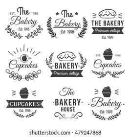 Black hand drawn cupcakes label set with the bakery premium vintage cupcakes and different descriptions vector illustration