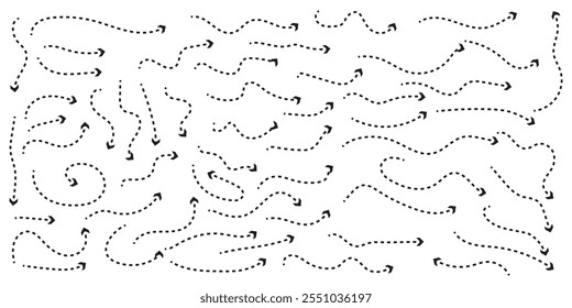 Black hand drawn curve dotted arrow vector set isolated on white background.