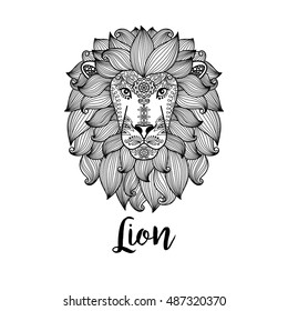 Black hand drawn cute vector lion head with ethnic floral pattern. Vector illustration