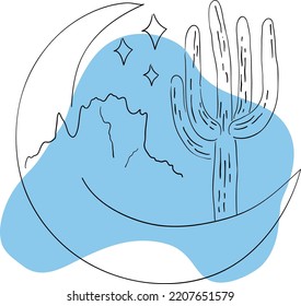 Black hand drawn desert night vibes print. Cartoon illustration of southwest american cactus saguaro and mountains with moon. Line art desert landscape on blue abstract shape.