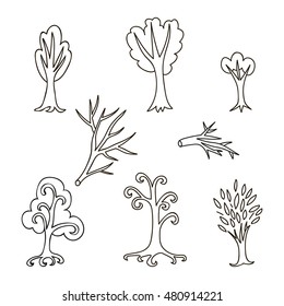 Black hand drawn doodle curly tree, bare tree, branch set isolated on white background. Forest collection. Vector illustration.