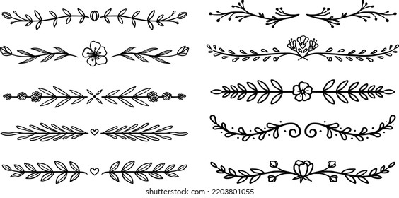 Black Hand Drawn Doodle Dividers, Line Borders with Branches, Herbs, Plants and Flowers. Decorative Outlined Vector Illustration. Floral Dividers Collections