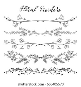 Black Hand Drawn Doodle Dividers, Line Borders with Branches, Herbs, Plants and Flowers. Decorative Outlined Vector Illustration. Floral Dividers