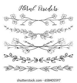 Black Hand Drawn Doodle Dividers, Line Borders with Branches, Herbs, Plants and Flowers. Decorative Outlined Vector Illustration. Floral Dividers