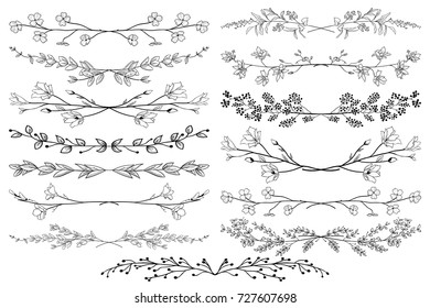 Black Hand Drawn Doodle Dividers, Line Borders with Branches, Herbs, Plants and Flowers. Decorative Outlined Vector Illustration. Floral Dividers Collections