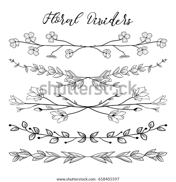 Black Hand Drawn Doodle Dividers, Line Borders\
with Branches, Herbs, Plants and Flowers. Decorative Outlined\
Vector Illustration. Floral\
Dividers