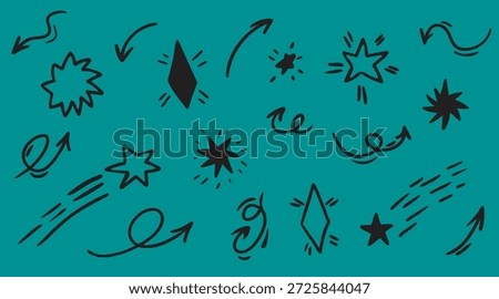 Black Hand Drawn Doodle Icons on Teal Background, Abstract Stars and Arrows, Modern Decorative Vector Elements for Posters and Digital Design