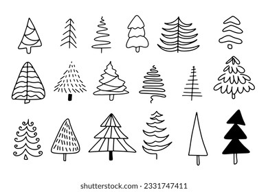 Black hand drawn doodle set of abstract christmas trees on white