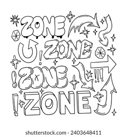 Black hand drawn doodle set with word Zone and arrows in retro 90s style. Clipart of outline words, arrows. Black sketchy signs and words in bubble, street style graffiti. Ideal for social media