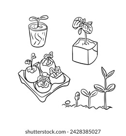 Black hand drawn doodle set with growing plants in eco pots. Sketchy black contour flowering plant on white background. Ideal for coloring pages, tattoo, pattern