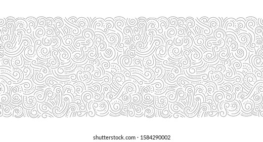 Black Hand Drawn Doodle Swirls, Swashes Vector Seamless Horizontal Pattern Border. Whimsical Decorative Print Background. Whimsical Decorative Print Background Perfect for Textiles, Gift Wrap