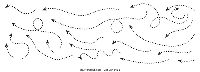 Conjunto de Vector de flecha punteada dibujado a mano negro aislado sobre fondo blanco.