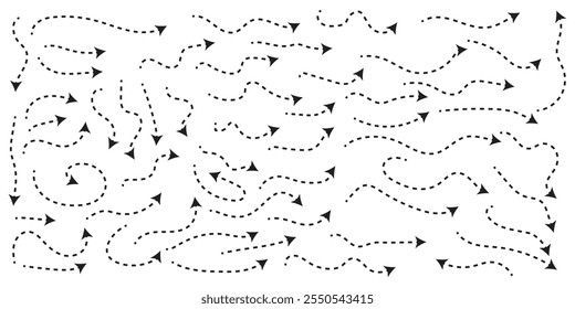 Mão preta desenhada seta pontilhada vetor conjunto isolado no fundo branco.