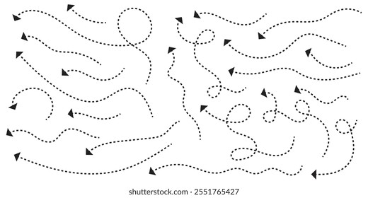 Conjunto de Vector de icono de flecha punteada dibujado a mano negro aislado sobre fondo blanco. Vector de icono de flecha de curva punteada.