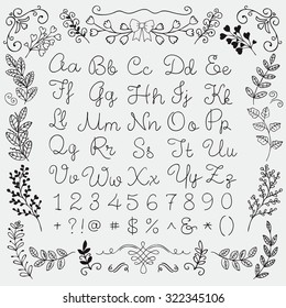Black Hand Drawn English Alphabet Letters, Numbers and Symbols on White Background. Education Set. Decorative Floral Design Elements. Doodle Sketched Vector Illustration