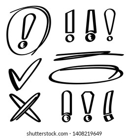 black hand drawn exclamation mark symbols, check mark and wrong mark