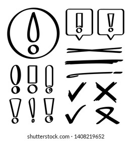 black hand drawn exclamation mark symbols and check marks