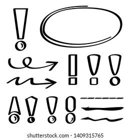 black hand drawn exclamation mark symbols and arrows