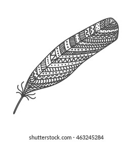Black hand drawn feather painted in boho style. Vector isolated illustration