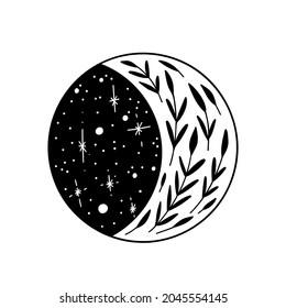 Black hand drawn floral moon. Celestial crescent isolated element. Hand drawing