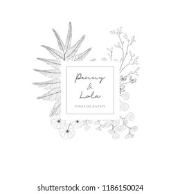 Black Hand Drawn Floristic Feminine Brand Logo Template, Frame with Delicate Flowers, Branches, Plants. Decorative Outlined Vector Illustration. Floral Design Element.