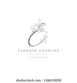 Black Hand Drawn Floristic Feminine Brand Logo Template, Monogram E with Delicate Flowers, Branches, Plants. Decorative Outlined Vector Illustration. Floral Design Element.