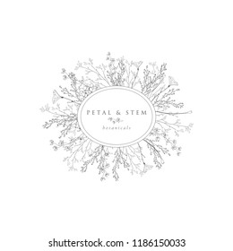 Black Hand Drawn Floristic Feminine Brand Logo Template, Frame with Delicate Flowers, Branches, Plants. Decorative Outlined Vector Illustration. Floral Design Element.