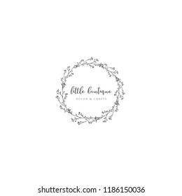 Black Hand Drawn Floristic Feminine Brand Logo Template, Frame with Delicate Flowers, Branches, Plants. Decorative Outlined Vector Illustration. Floral Design Element.