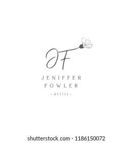 Black Hand Drawn Floristic Feminine Brand Logo Template, Monogram J, F with Delicate Flowers, Branches, Plants. Decorative Outlined Vector Illustration. Floral Design Element.