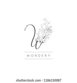 Black Hand Drawn Floristic Feminine Brand Logo Template, Monogram W with Delicate Flowers, Branches, Plants. Decorative Outlined Vector Illustration. Floral Design Element.