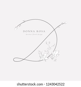 Black Hand Drawn Floristic Feminine Brand Logo Template, Monogram D with Delicate Flowers, Branches, Plants. Decorative Outlined Vector Illustration. Floral Design Element.