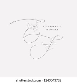 Black Hand Drawn Floristic Feminine Brand Logo Template, Monograms E F with Delicate Flowers, Branches, Plants. Decorative Outlined Vector Illustration. Floral Design Element.