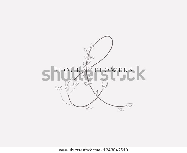 黒い手描きの花柄の女性ブランドロゴテンプレート 繊細な花 枝 植物を持つモノグラムアンパサンド 装飾的な輪郭付きベクターイラスト 花柄のデザインエレメント のベクター画像素材 ロイヤリティフリー