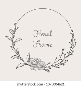 Black Hand Drawn Floristic Frame Border with Delicate Flowers, Branches, Plants with Geometric Shape. Decorative Outlined Vector Illustration. Floral Design Element.