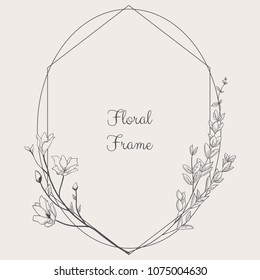 Black Hand Drawn Floristic Frame Border with Delicate Flowers, Branches, Plants with Geometric Shape. Decorative Outlined Vector Illustration. Floral Design Element.