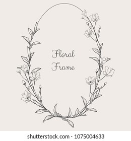 Black Hand Drawn Floristic Frame Border with Delicate Flowers, Branches, Plants with Geometric Shape. Decorative Outlined Vector Illustration. Floral Design Element.