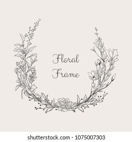 Black Hand Drawn Floristic Frame Border with Delicate Flowers, Branches, Plants. Decorative Outlined Vector Illustration. Floral Design Element.