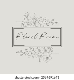 Black Hand Drawn Floristic Frame Border with Delicate Flowers, Branches, Plants with Geometric Shape. Decorative Outlined Vector Illustration. Floral Design Element