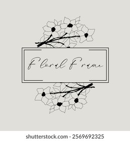 Black Hand Drawn Floristic Frame Border with Delicate Flowers, Branches, Plants with Geometric Shape. Decorative Outlined Vector Illustration. Floral Design Element