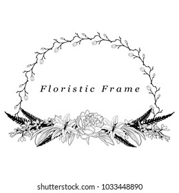 Black Hand Drawn Floristic Wreath, Frame Border with Delicate Flowers, Branches and Plants. Decorative Outlined Vector Illustration. Flower Design Element, Divider