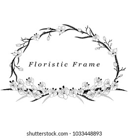 Black Hand Drawn Floristic Wreath, Frame Border with Delicate Flowers, Branches and Plants. Decorative Outlined Vector Illustration. Flower Design Element, Divider