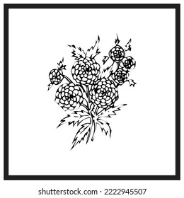Black hand drawn flower. ink line art freehand sketching vector illustration for greeting card wedding invitation.
